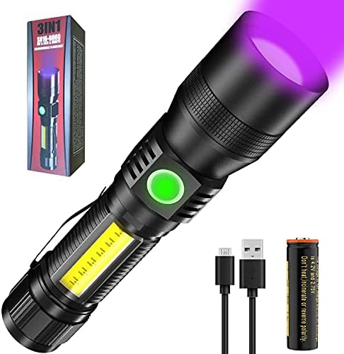 אור שחור UV פנס נטענת USB פנס - 3 ב-1 LED פנסים טקטיים - בהיר, Zoomable,עמיד בפני מים,כף יד פנס עם סט לומן גבוה עבור
