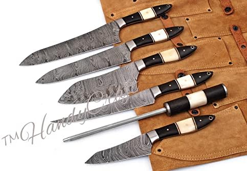 Hk71 דמשק סכין שף סט של 6 חתיכות מקצועי השירות בסגנון יפני ברביקיו סכין מטבח, סט מותאם אישית בעבודת יד פלדת פחמן עם
