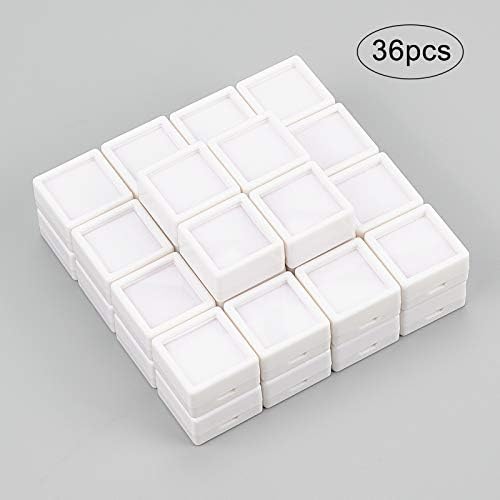 BENECREAT 36PCS לבן חן להציג את תיבת מיני מרובע אקריליק תיבת התכשיטים מיכל(1.16x1.16x0.65) עם העליון ברורות מכסים וספוג