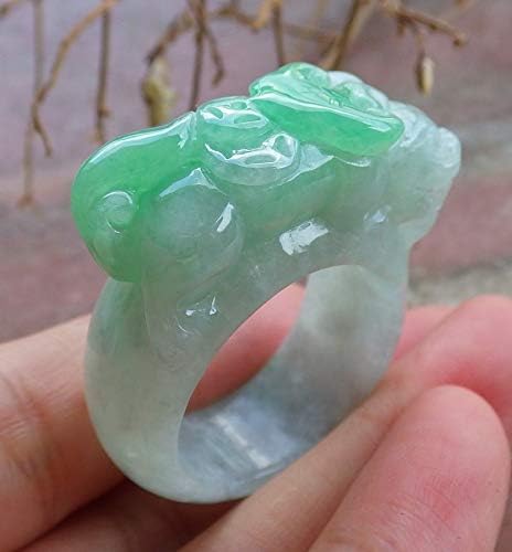 מוסמך קרח ירוק בורמה טבעי A ג 'יידיט ירקן הדרקון פאי סו פרח לוטוס Ruyi מטבע טבעת ארה ב. 12.75 貔貅戒指 478444 GS