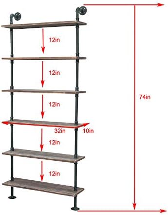 WGX העיצוב את התעשייה צינור מדפים כפרית עץ סולם מדף ספרים קיר רכוב על המדף בסלון עיצוב ואחסון (32in, 6 שכבות)